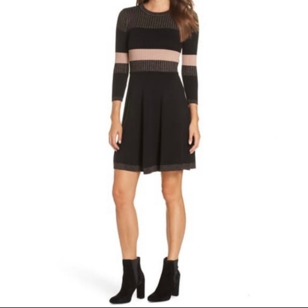 Eliza J Ribbed Fit & Flare Sweater Dress Pink shimmer black size.Large W… - Picture 2 of 10